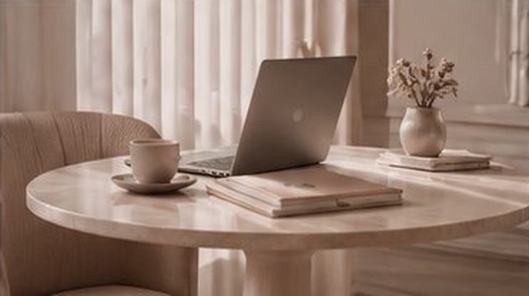 Ordinateur portable et tasse sur une table ronde, espace de travail lumineux